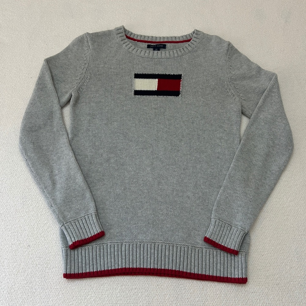 Gently Used Tommy Hilfiger Mens Gray Flag Logo Knit Crew Neck Sweater Small